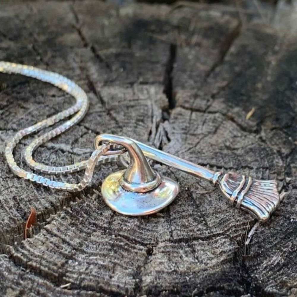 Goth Necklace Witch’s Broom & Hat, Silver Color, Engraved Design Layering Piece - Picture 2 of 5